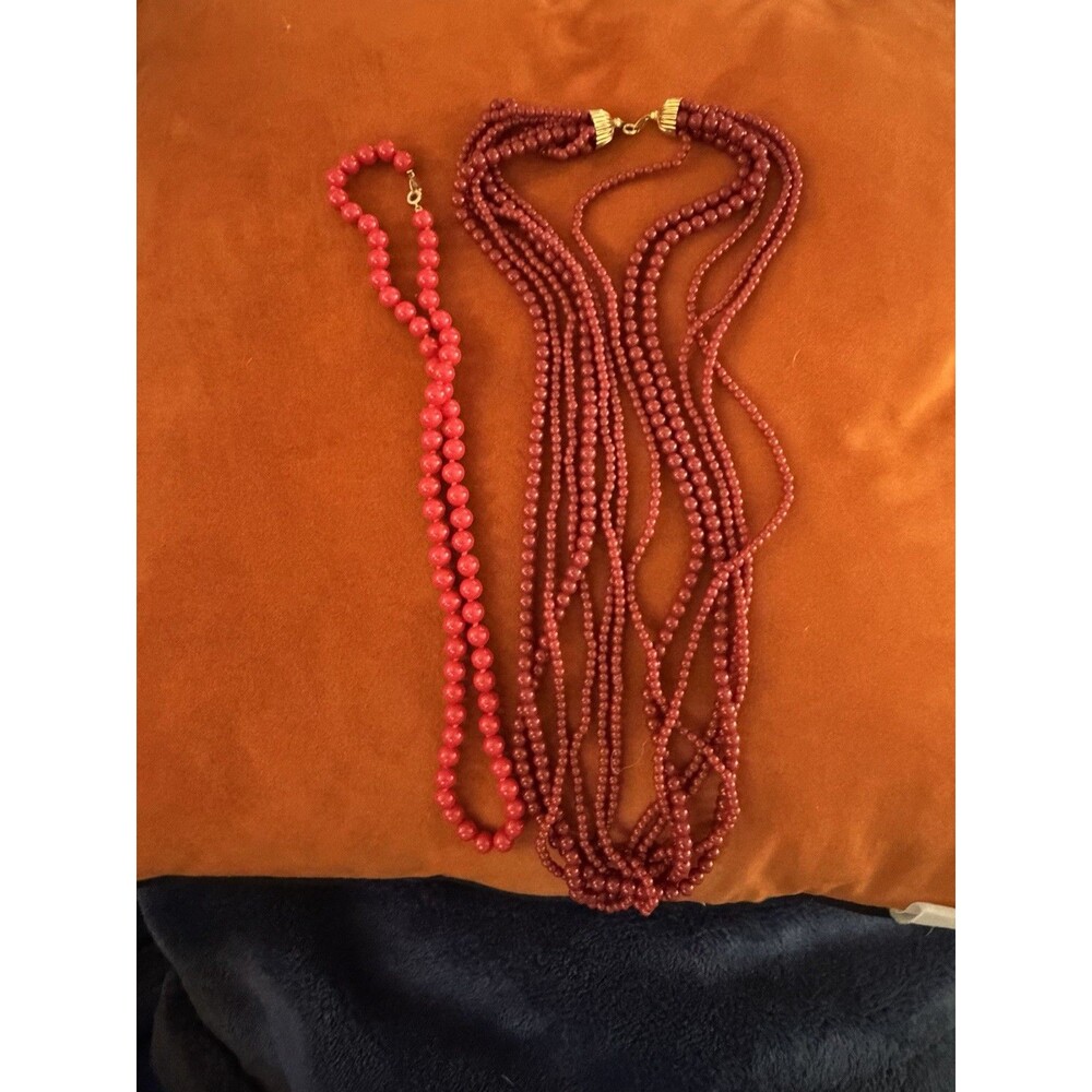 Two Trifari Red Beaded Necklaces Signed